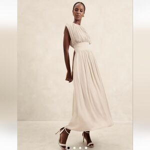 Banana Republic Tan Gold Ruched Pleated Maxi Gown